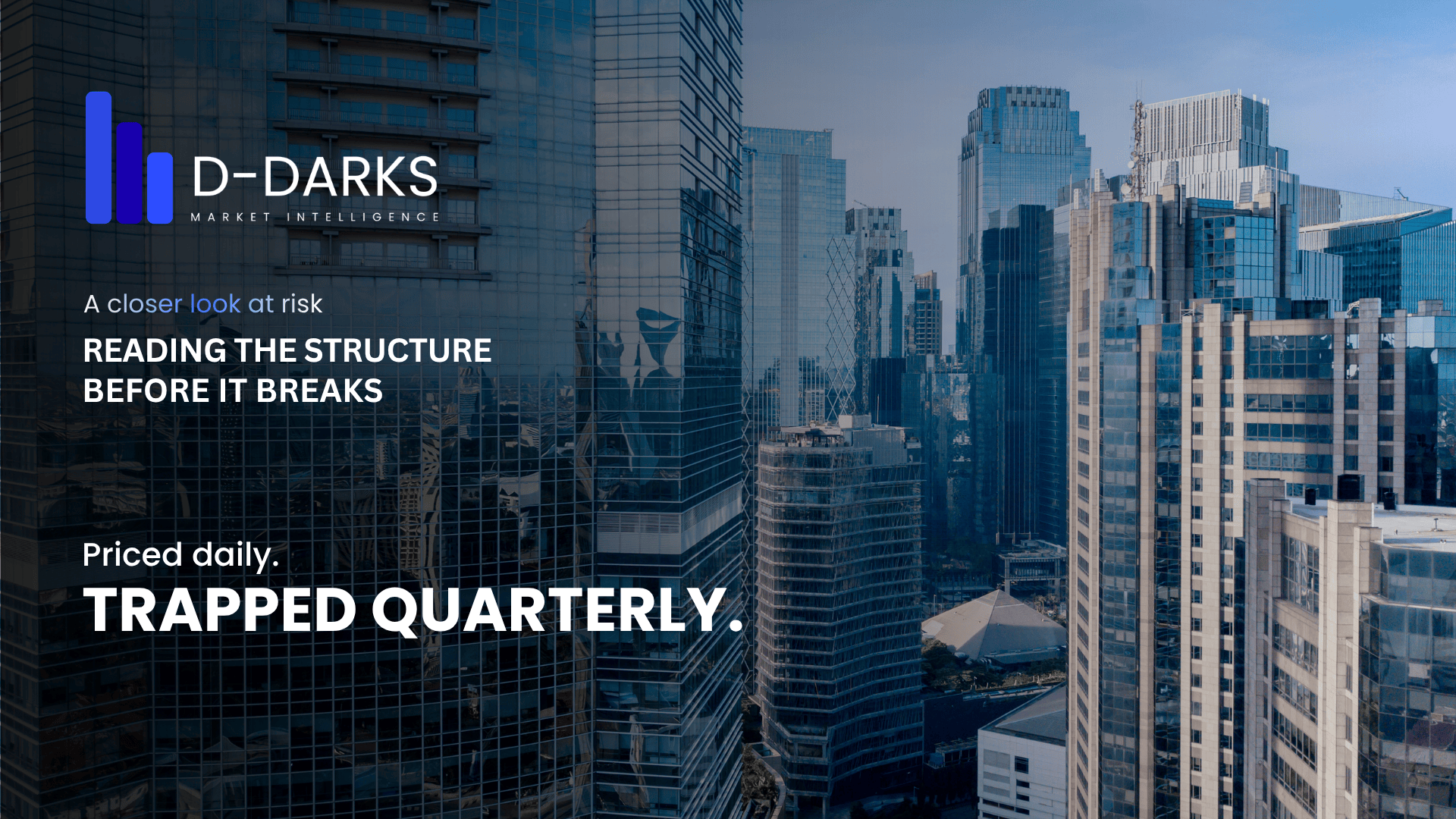 DDARKS Market Intelligence editorial graphic on open-ended real estate funds — city skyline with the text "Priced daily. Trapped quarterly." illustrating the SRI low-risk illusion
