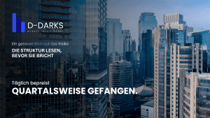 DDARKS Market Intelligence Grafik zu offenen Immobilienfonds — Skyline mit dem Text „Täglich bepreist. Quartalsweise gefangen." zur SRI-Illusion des geringen Risikos