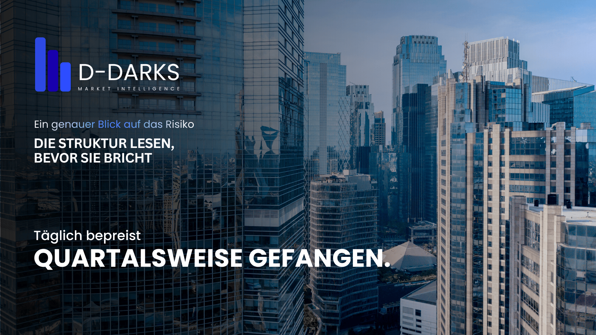DDARKS Market Intelligence Grafik zu offenen Immobilienfonds — Skyline mit dem Text „Täglich bepreist. Quartalsweise gefangen." zur SRI-Illusion des geringen Risikos