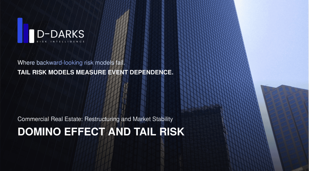 Tail risk in commercial real estate: office towers seen from below, with the title Domino Effect and Tail Risk