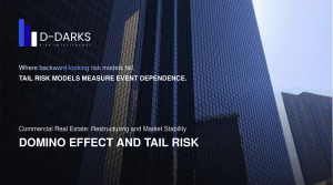Tail risk in commercial real estate: office towers seen from below, with the title Domino Effect and Tail Risk